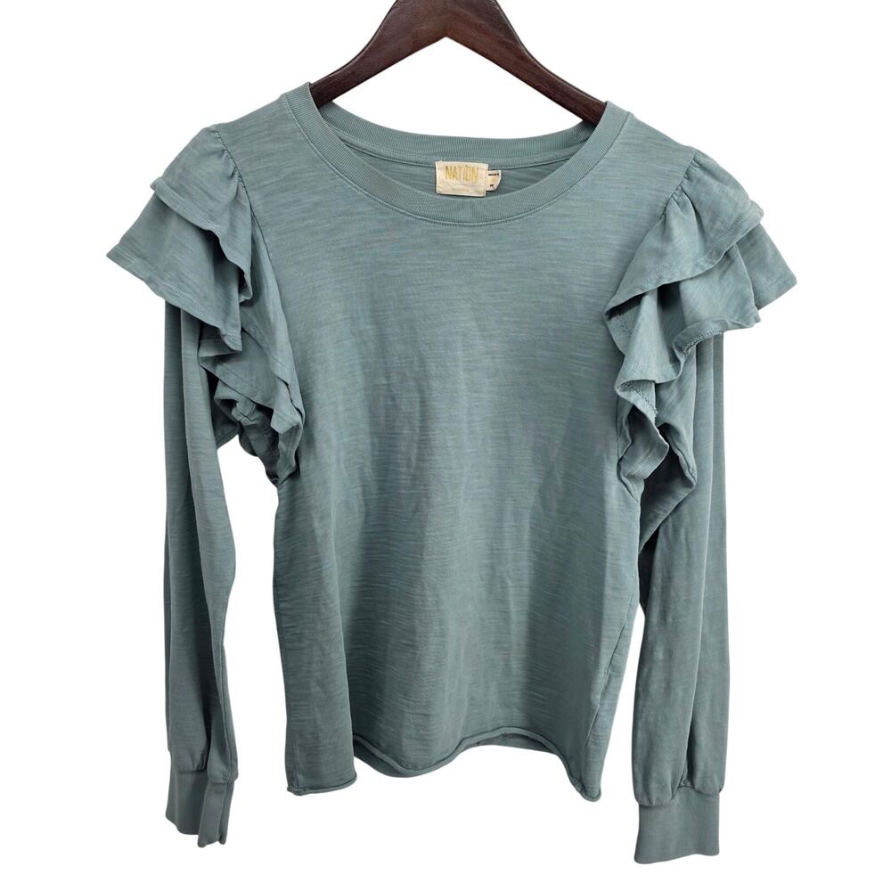 Nation LTD Xenia Ruffle Long Sleeve Tee Open Air Blue Size Medium